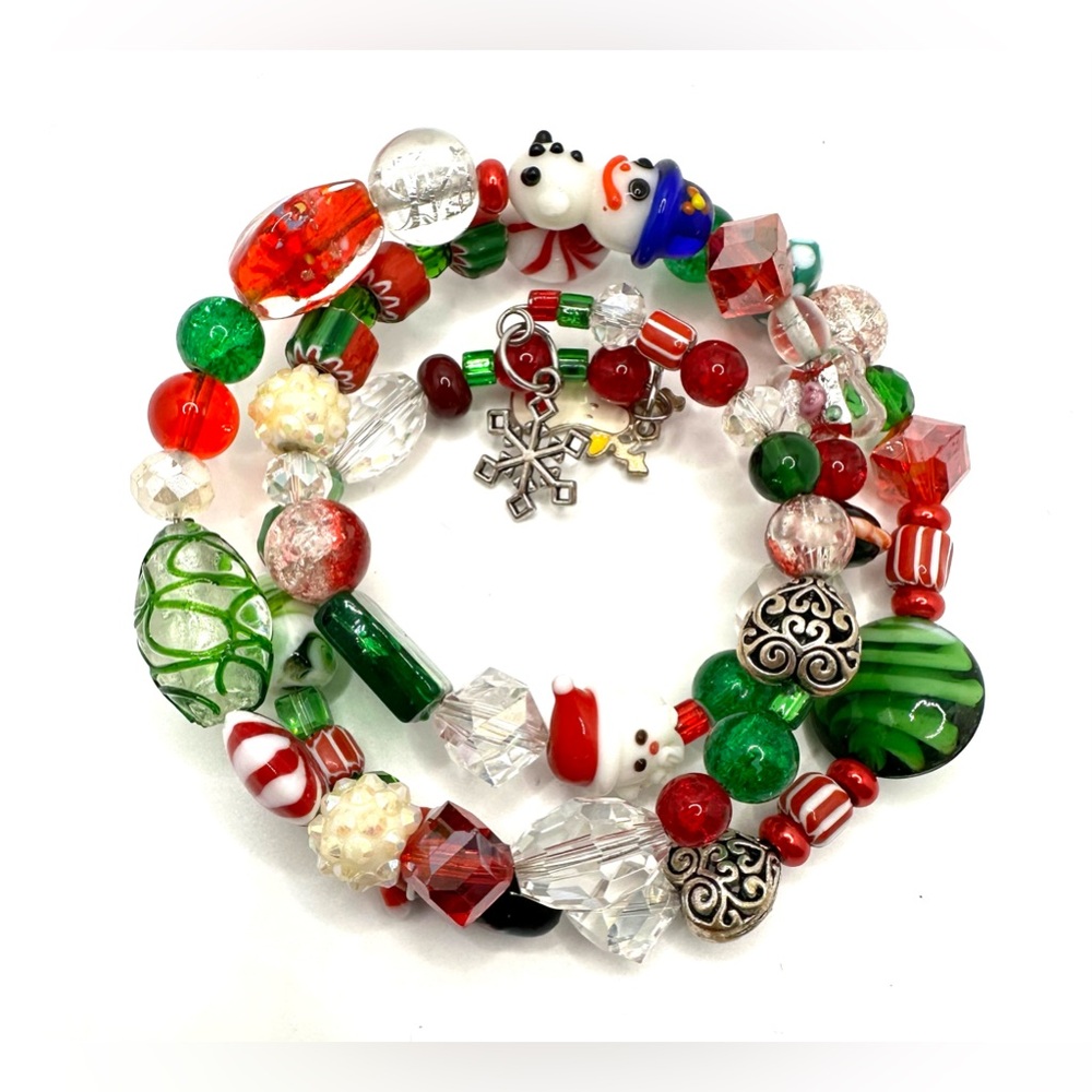 Christmas Beaded Bracelet Wrap Coil Memory Wire Lamp Work Glass Beads Handmade